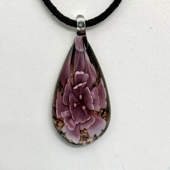 Suede Necklace & Earring Set w/Floral Blown Glass Pendant - Picture 3 of 10